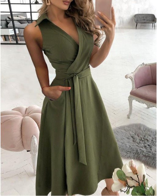 Temperament Solid Color Sleeveless Dresses Women Fashion Sexy V-neck Leace-up Slim A-line Dress Spring Summer New Lady Clothing