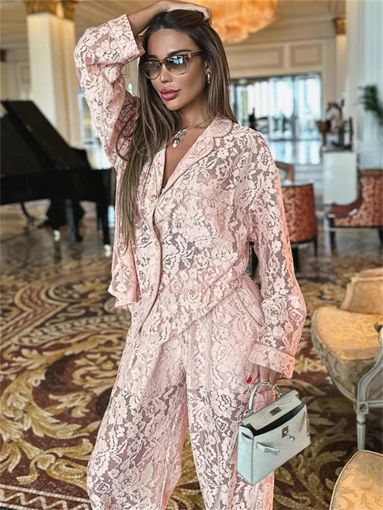 Lace Hollow Out Printed 2 Piece-Set Trousers Female See-Through Sexy See-Through Shirts And Fashion Women&#8217;s Pants Outfits