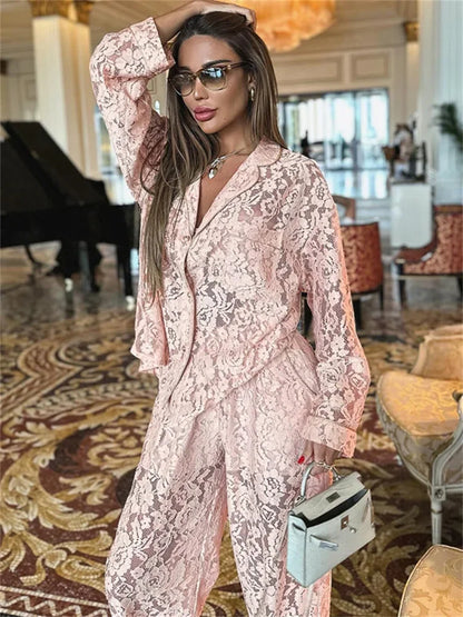 Lace Hollow Out Printed 2 Piece-Set Trousers Female See-Through Sexy See-Through Shirts And Fashion Women&#8217;s Pants Outfits