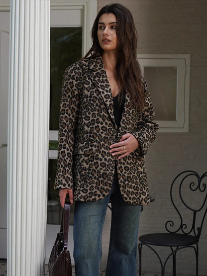 Fall Leopard Print Jacket Blazer Women Lapel One Button Long Sleeve Loose Coat Female  Fashion All-matching New in Outwears