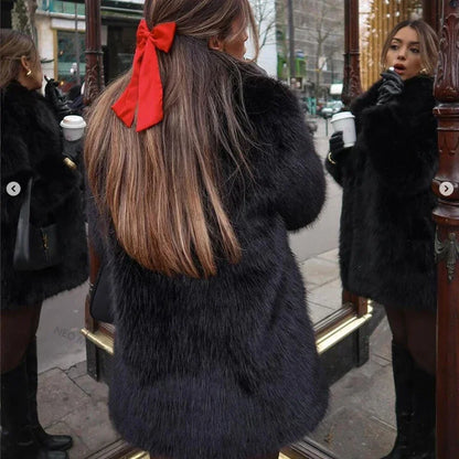 Lapels Faux Fur Coat Women  Winter Brand Designer Fluffy Fox Fur Jacket Luxury Furry Overcoats Girl Stylish Long Outerwear