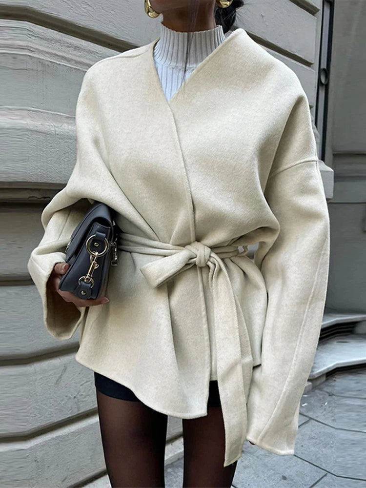 Elegant Woolen Long Sleeve Coat With Belt Women Loose Casual V-neck Solid Short Overcoat Autumn Vintage Lady Thick Warm Outwear
