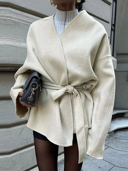 Elegant Woolen Long Sleeve Coat With Belt Women Loose Casual V-neck Solid Short Overcoat Autumn Vintage Lady Thick Warm Outwear