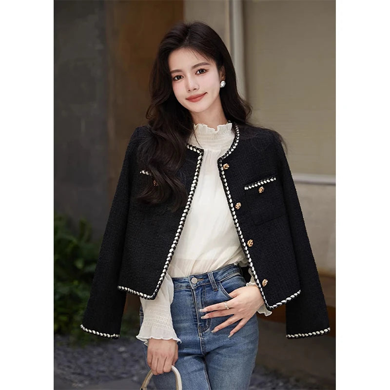 Vintage Cropped Tweed Jacket Women Black Quilted Coat Elegant Blazer Winter Ladies Single Breasted Thicken Outerwear Tops