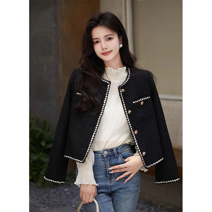 Vintage Cropped Tweed Jacket Women Black Quilted Coat Elegant Blazer Winter Ladies Single Breasted Thicken Outerwear Tops