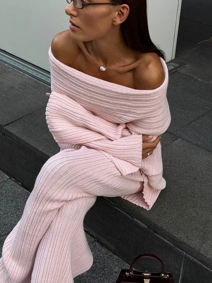 Elegant One-Shoulder Knitted Dress For Women Loose Sexy Rib knit Sweater Autumn Winter Midi Dresses Female Long Sleeve