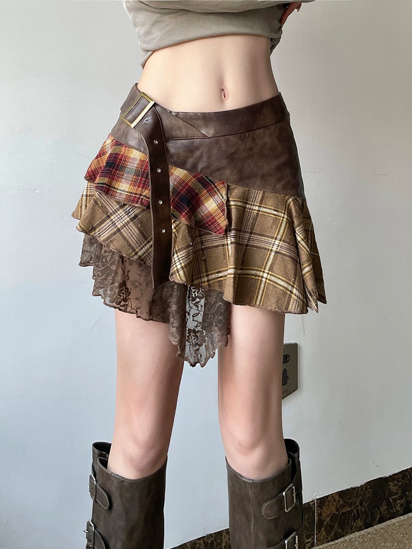 American Retro Asymmetrical Women¡¯s Mini Skirts Lace Stripes Plaid Leather Irregular Fashion Chic Design Short Dresses