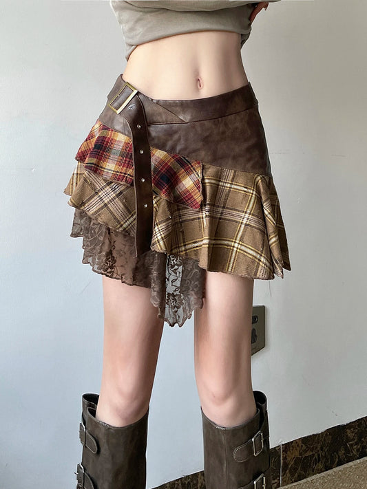 American Retro Asymmetrical Women¡¯s Mini Skirts Lace Stripes Plaid Leather Irregular Fashion Chic Design Short Dresses