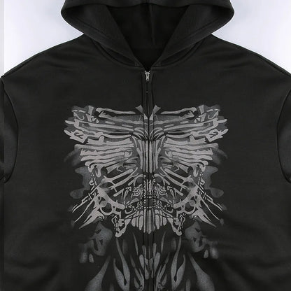 Dark personality printed hoodie female American  new black hooded zipper coat loose casual top
