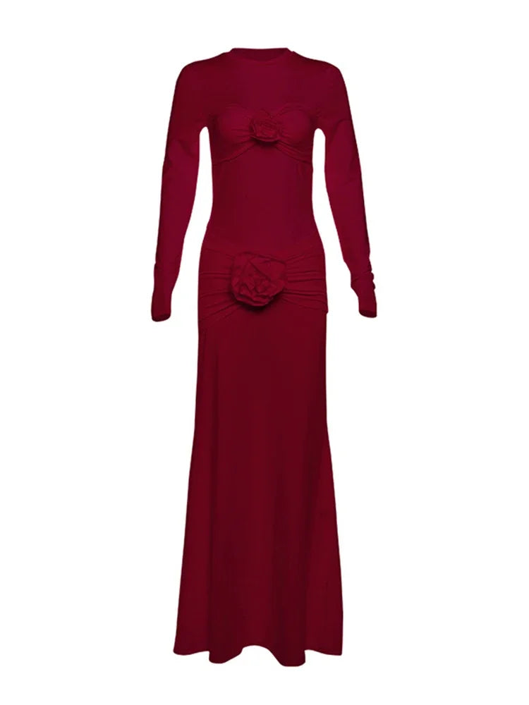 Sexy Slim Ruched Flower Maxi Dress For Women Long Sleeve Solid Party Streetwear Outfits Elegant High Elasticity Dresses