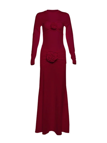 Sexy Slim Ruched Flower Maxi Dress For Women Long Sleeve Solid Party Streetwear Outfits Elegant High Elasticity Dresses