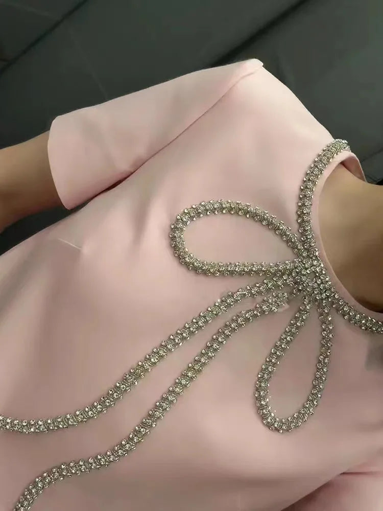 Fashion Short Dress Hotsweet Diamond Beading Bow Solid Color O Neck Elegant A-line Dresses Women 2025 Spring Summer 23A9653