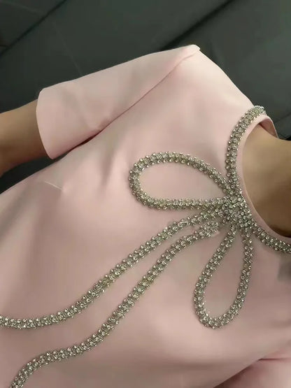 Fashion Short Dress Hotsweet Diamond Beading Bow Solid Color O Neck Elegant A-line Dresses Women 2025 Spring Summer 23A9653