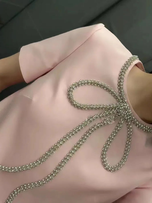Fashion Short Dress Hotsweet Diamond Beading Bow Solid Color O Neck Elegant A-line Dresses Women 2025 Spring Summer 23A9653