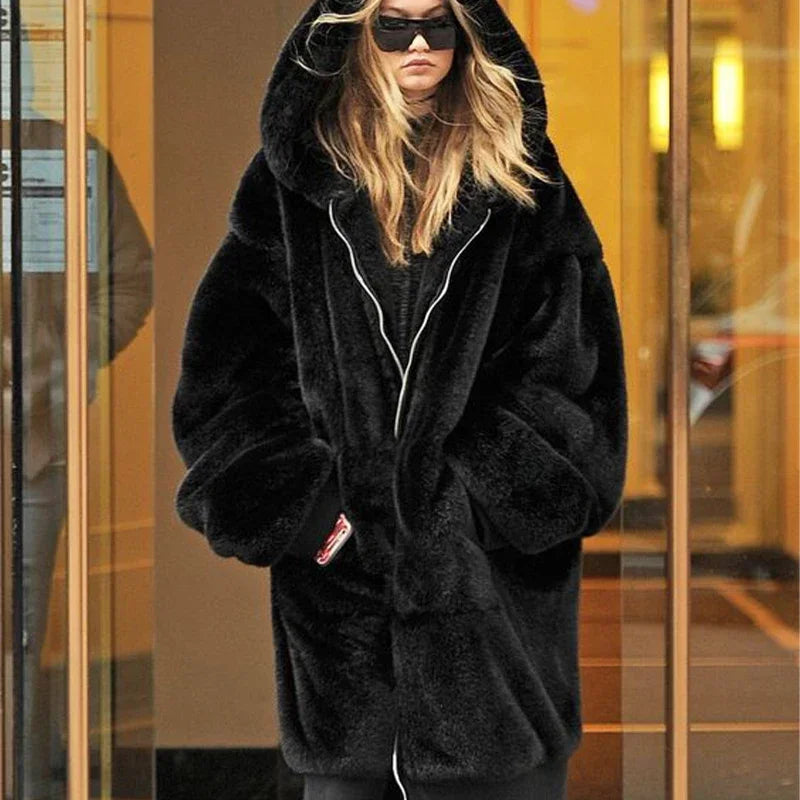 Winter Fashion Runaway Luxury Brand Long Faux Fur Coat Women Jacket Zip Hooded Thick Warm Fake Rabbit Fur Plush Overcoats