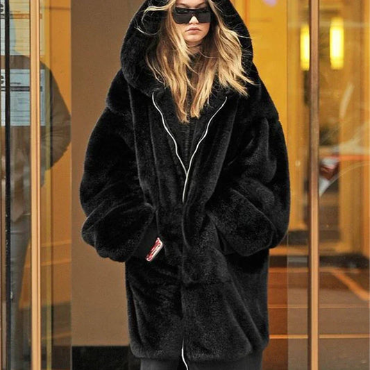 Winter Fashion Runaway Luxury Brand Long Faux Fur Coat Women Jacket Zip Hooded Thick Warm Fake Rabbit Fur Plush Overcoats