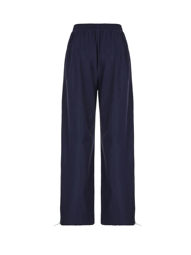 Side Stripe Elastic High Waist Loose Straight Leg Pants Women Letter Print Street Style Hippie Baggy Trousers Preppy Streetwear