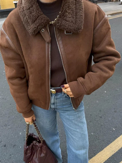 Vintage Coffee Lamb Wool Lapel Jackets For Women Chic Zipper Long Sleeved Thicken Warm Coats New Female Winter Streetwear