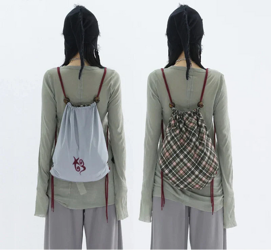 Patchwork Drawstring Vintage Plaid Backpack Y2k Aesthetic Grunge Schoolbags Streetwear Y2k Aesthetic Backpacks for Women