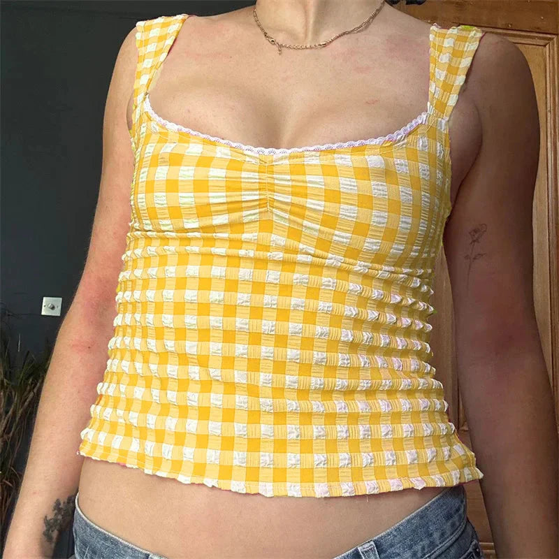 y2k Tops for Fairycore Clothing Plaid Print Lace Trim Sleeveless Tanks T Shirts 2000s Clothing Streetwear
