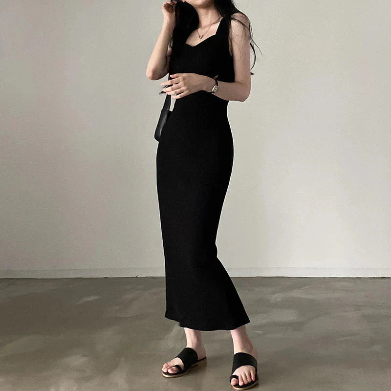 Basic Knit Long Dress Korean Square Collar Sleeveless Dresses Casual Y2k Vintage All-match Outftis