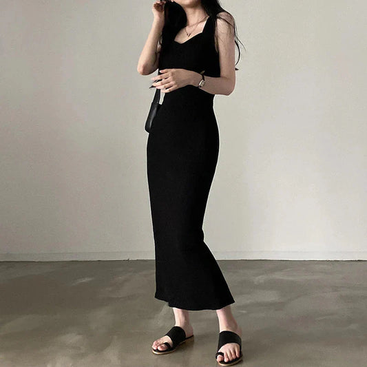 Basic Knit Long Dress Korean Square Collar Sleeveless Dresses Casual Y2k Vintage All-match Outftis