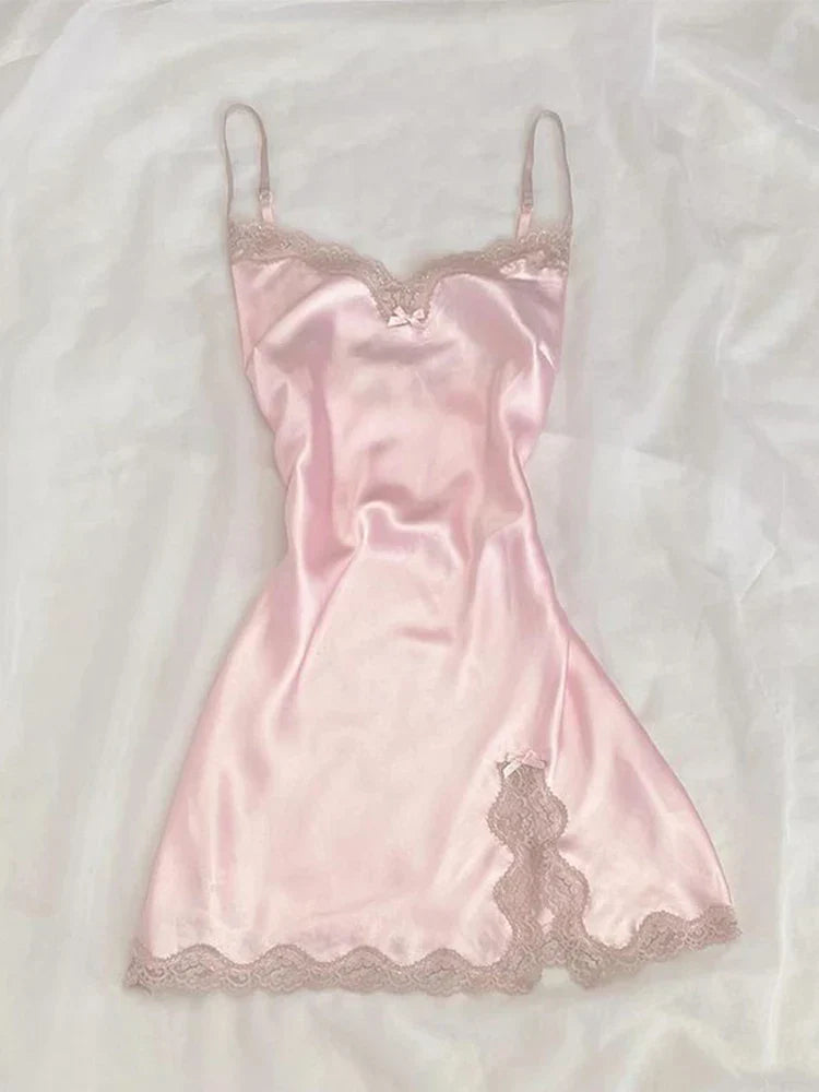 dress lace Harajuku solid color Y2K slit short skirt cute emo girls comfortable satin aesthetic sling dress