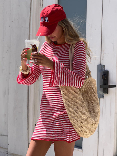 Striped Knit Sweater Mini Dress Female Patchwork High Waist Contrast Zebra Printed Beach Dress Women Knitwear Dress Autumn