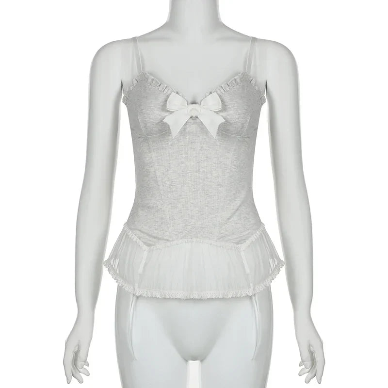 Voguable  Y2K Lace Ruffles Crop Top Coquette Aesthetic Bow Milkmaid Corset Cute Japanese Lolita Style Camis Fairy Vest