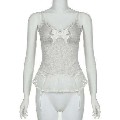 Voguable  Y2K Lace Ruffles Crop Top Coquette Aesthetic Bow Milkmaid Corset Cute Japanese Lolita Style Camis Fairy Vest