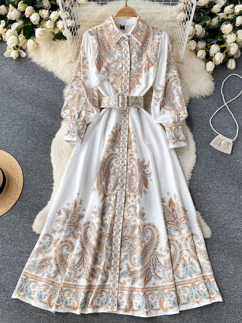Retro Printed Party Dress Women Polo Collar Long Sleeve Elegant Long Dresses Spring Autumn French Single Breasted Shirt Dress