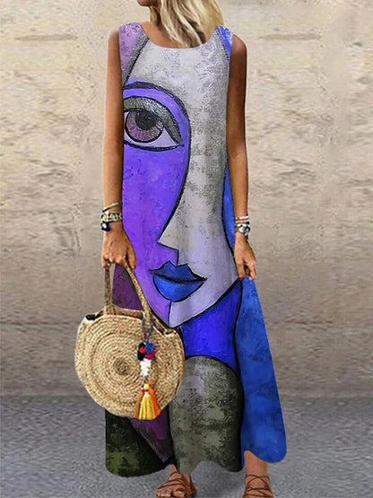 Vintage Print Sleeveless Long Dresses Women Fashion Summer O Neck Loose Maxi Dress Temperament Commuting Clothing Vestido Female