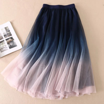 Gradient Tulle Midi Skirt Women Elegant Mesh Pleated Skirts Summer Korean Fashion High Waist Casual All Match A Line Skirt