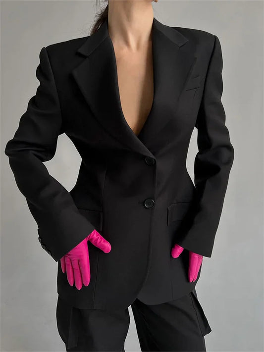 Black Lapel Suit Outwear For Women Pocket Long Sleeve Elegant Commute Patchwork Coat Female High Waist Autumn Blazers 2025