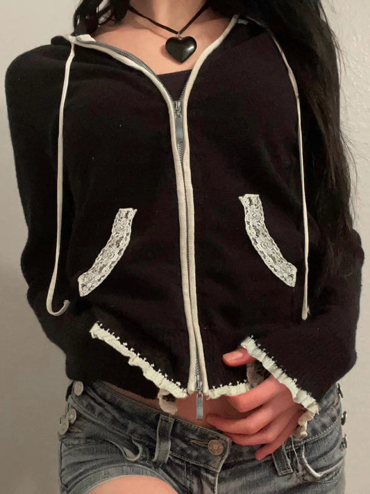 Black Lace Trim Knitted Sweater Cardigan Women Autumn Winter New Coat Sweet Basic All-Match Fashion