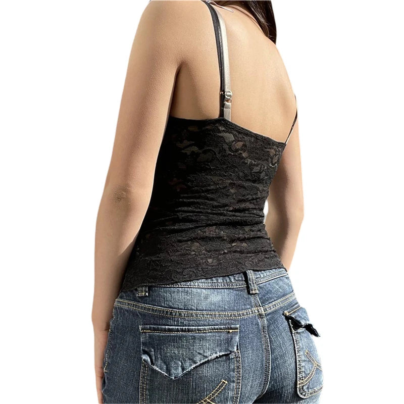 Fairycore y2k Lace Cami 2000s Aestheic Women Black V Neck Spaghetti Strap Sleeveless Vest Kawaii Clothes Streetwear