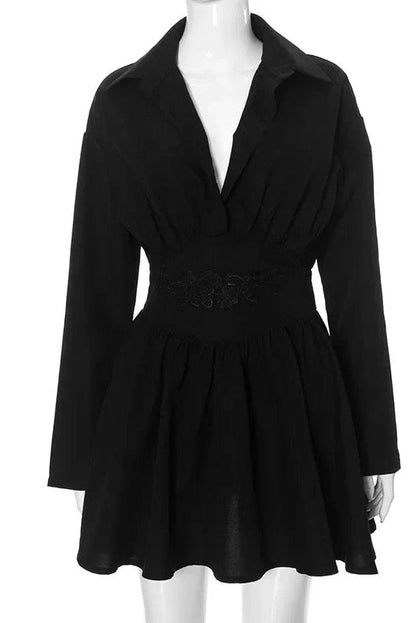 Pleated Long Sleeve A-Line Mini Dress