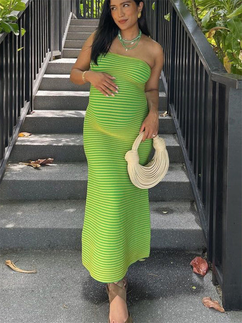 Striped Knit Female Long Dress Bandeau Loose Contrast Fashion High Waist Backless Patchwork Summer Knitwear Maxi Dress