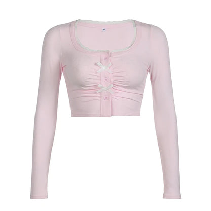 Sweet Y2K Bow Detail Button Up Cropped Top Autumn Knitted Long Sleeve Cute Tshirt Chic Aesthetic Street Tee Outfits