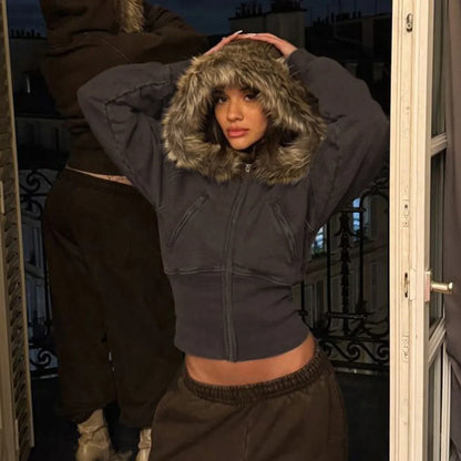 Faux Fur Trim Hooded Crop Jacket