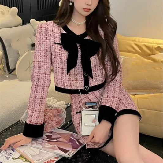 Autumn Winter Tweed Two-Piece Skirt Set Women Short Jacket Coat + Mini Skirt Suits Elegant Korean Fashion Female Outfits