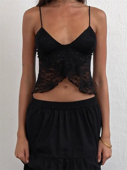 FashionSierra - 2025 Lace Camis Spaghetti Strap Irregular Hem Tank V-neck Mesh See Through Summer Vest Crop Tops