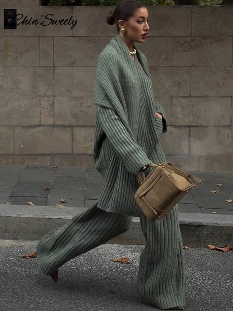 Lazy Loose Knit Burgundy Red Pant Set With Scarf Women Long Sleeve V-neck Jumper Wide Leg Full-length Pants Suit Lady Outfits