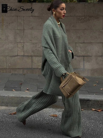 Lazy Loose Knit Burgundy Red Pant Set With Scarf Women Long Sleeve V-neck Jumper Wide Leg Full-length Pants Suit Lady Outfits