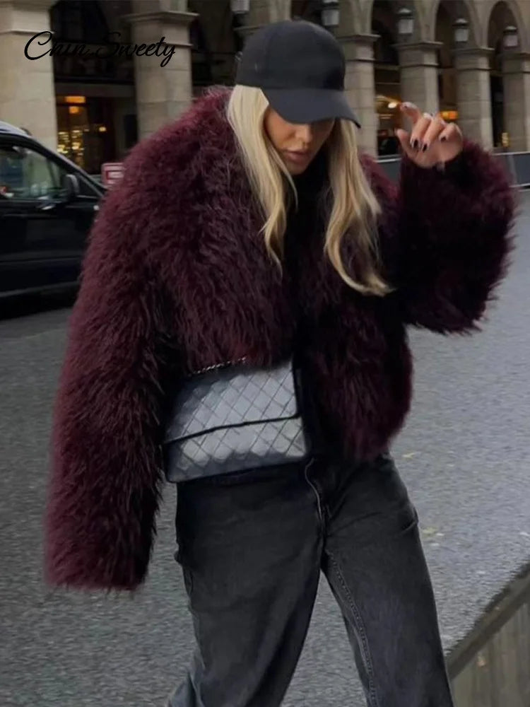 Fashion Women Faux Fur Coat Fluffy Lapel Loose Long Sleeve Burgundy Red Cropped Jacket Female  Winter High Street Outwear