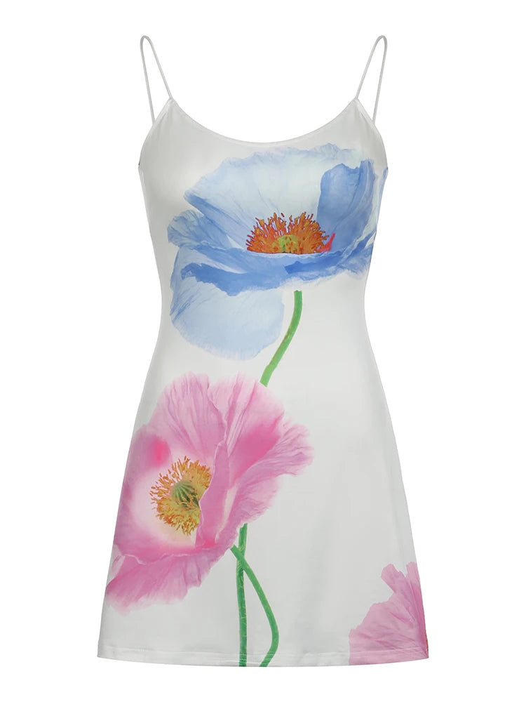 Backless Floral Print Romantic Vacation Boho Dress Women Sleeveless Sexy Summer Spaghetti Staps Short Dresses