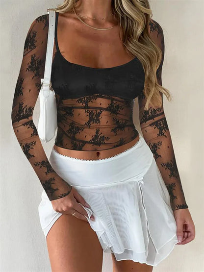 FashionSierra - 2025 Summer Slim Fit Black Long Sleeve Square Neck Mesh Sheer See Through Lace Floral Tee