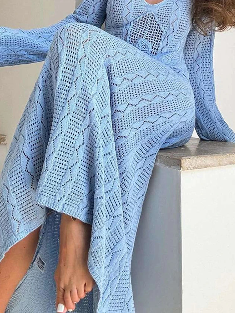 Elegant Knit Long Dress Women Sexy Slim Round Neck Hollow Vestidos Female  Fashion Autumn Solid Lady Holiday Beach Robe