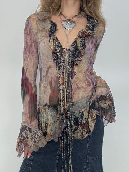 Vintage Floral Print Ruffles Mesh Shirts Women See Through Sexy Ruffle Sleeve Open Stitch Lace-Up Aesthetic Clothes