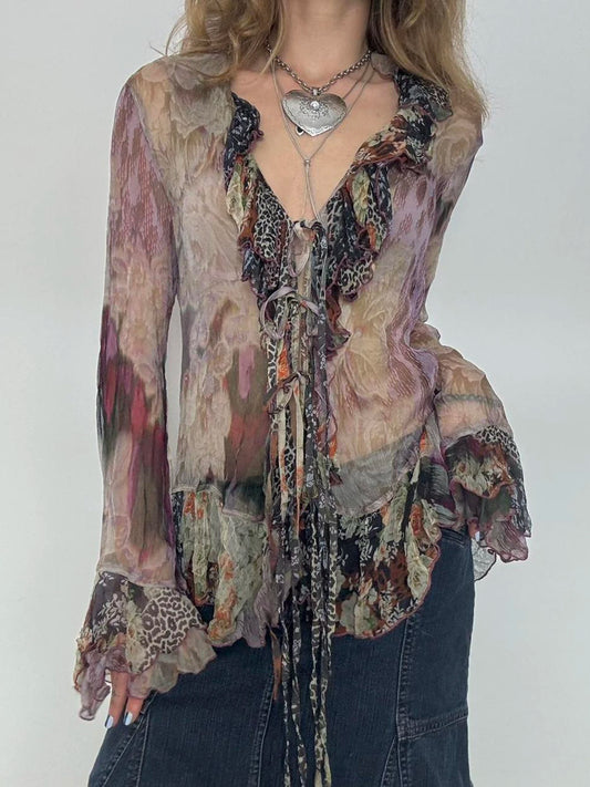 Vintage Floral Print Ruffles Mesh Shirts Women See Through Sexy Ruffle Sleeve Open Stitch Lace-Up Aesthetic Clothes